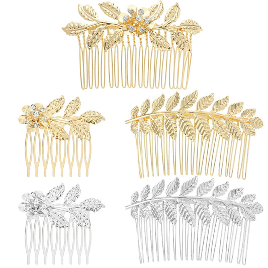 Amaxiu 5 Pcs Metal Leaf Hair Side Combs, Gold Silver Rhinestone Hair Comb French Twist Flower Hair Comb Clips with Teeth Fancy Side Combs Wedding Bridal Jewelry Hair Clips for Women Girls