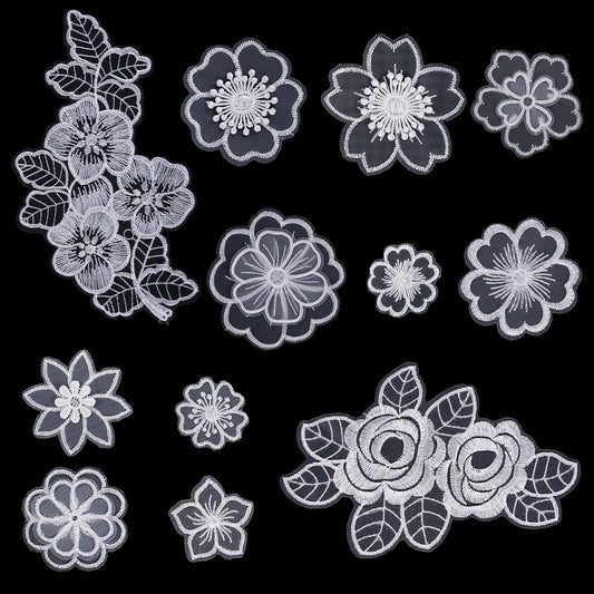Jeffdad 12 Pcs Flower Lace Embroidered Applique 3D Floral Sew On Patches, for Dress Jeans Sweater Hats Bags Clothes Repairing Decorating Wedding Dress DIY Sewing Craft(White)