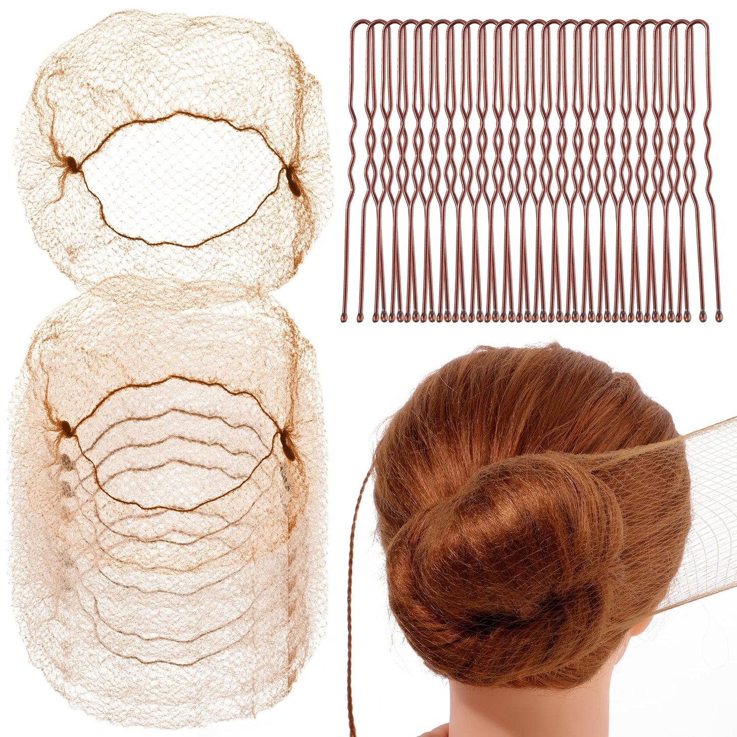 Giantree Hair Nets for Buns, 20 Pcs Invisible Hair Nets and 50 Pcs U Shaped Hair Pins Set, Ballet Bun Hair Net Hair Bun Pins for Women Ballet Dancer Dance Maker Food Service Workers(Brown)