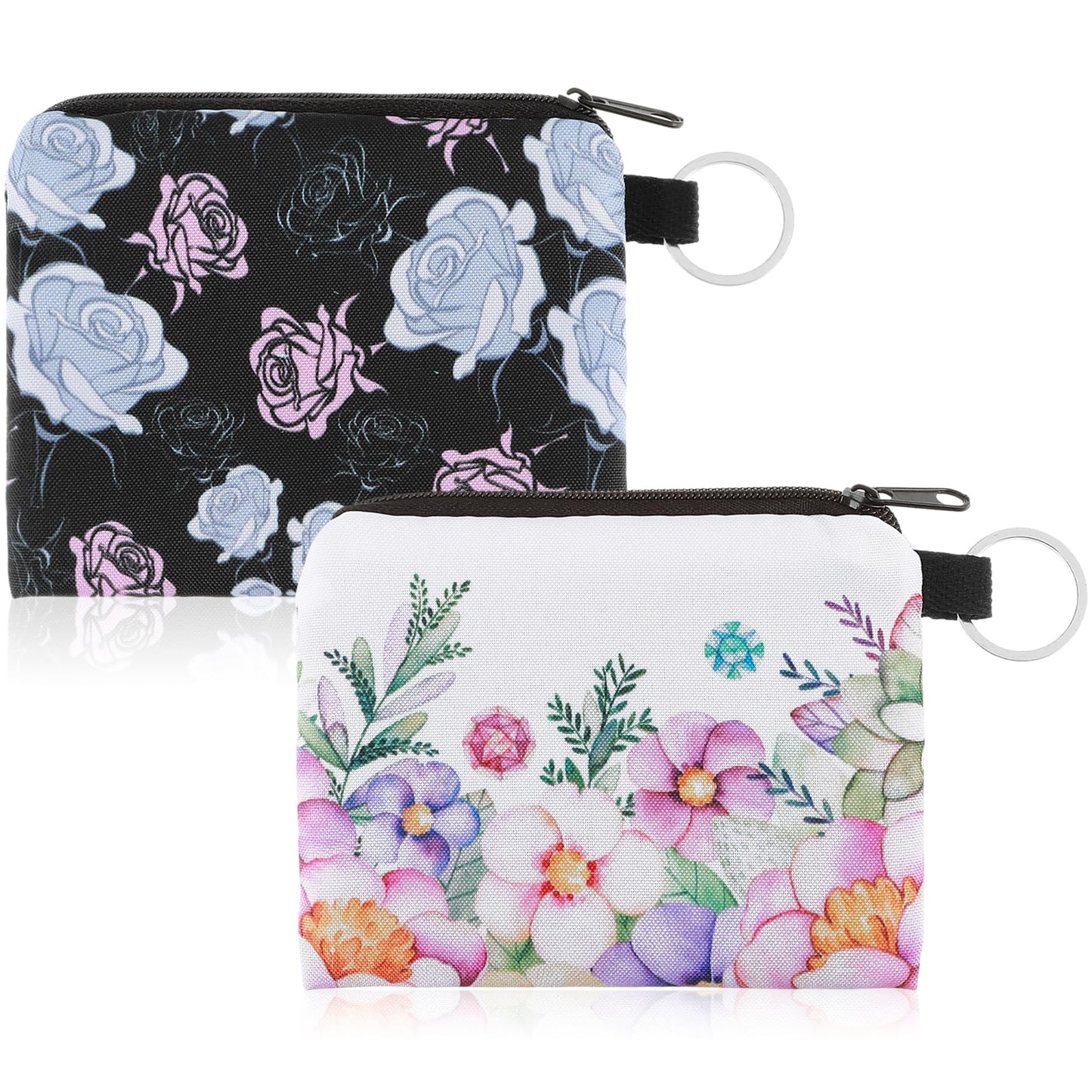 Amabro 2PCS Flower Coin Purse, Cute Zipper Change Bag Cartoon Handy Wallet Pouch Travel Toiletry Bag with Keyring