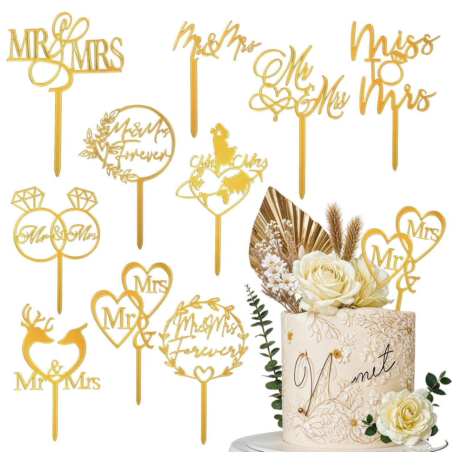 Yuanchu 10Pcs Mr And Mrs Cake Toppers, Acrylic Wedding Cake Toppers Gold Cake Topper Decorations for Engagement Bridal Shower Anniversary Cake Decoration Supplies