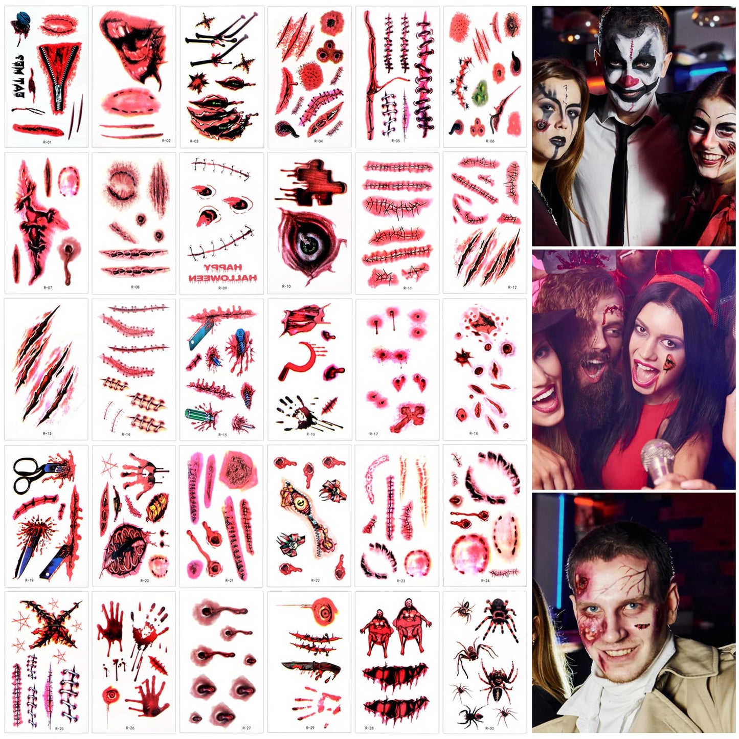 Amaxiu Halloween Temporary Tattoos, 30 Sheets Fake Wound Bloody Stitch Scars Scab Halloween Tattoos Stickers Waterproof Body Makeup Tattoo for Halloween Prank Cosplay Masquerade(Style-A)
