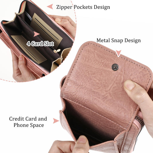 AOZUO Leather Small Crossbody, Cell Phone Purse with Compartment Wallet Cross Body Handbag Bag for Women Girls, Pink