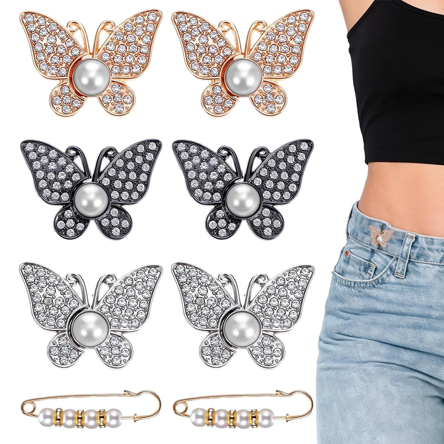 WJIAAA 8 PCS Pant Waist Tightener, Adjustable Butterfly Pant Clips Waist Tightener 4 Styles Buttons Pearl Pins for Loose Jeans Reusable Waists Tighteners for Pants Women