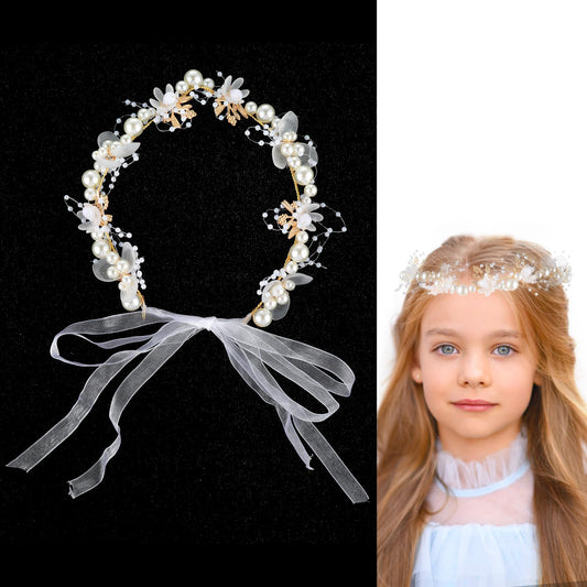 Amaxiu Wedding Bridal Pearl Headband, Flower Girl Pearl Hair Vine Princess Hair Accessories Crystal Headpieces for Women Wedding Party Photography (White)