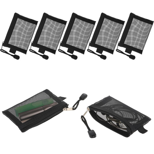 Amabro 5 pcs Mini Zipper Mesh Bags, 4.13‘’×2.95‘’ Cosmetic Bags Coin Purse Key Holder Portable Travel Storage Pouch Beauty Makeup Purse Accessories for Lipstick Cash Earphone Credit Card (Black)