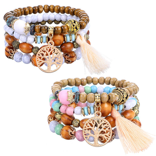 AOZUO Women's 8-Piece Bohemian Bracelet, Stretchy Multi-layer Boho Jewellery, Stackable Multi-Colour Pearl Bracelets, Tree of Life Charm Bracelets, Christmas Birthday Gift for Women