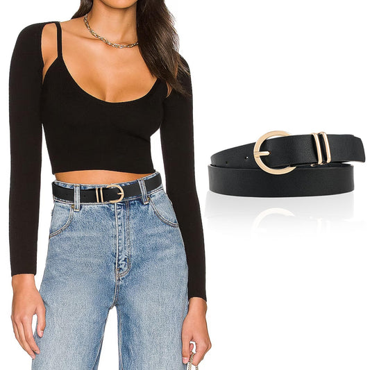 Amaxiu Leather Belts for Women, Women Belts for Jeans Dresses Ladies Waist Belt with Fashion Gold Buckle Brown Black Belt(Black)