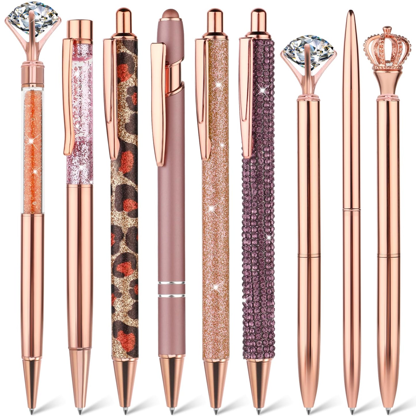 TIESOME 9 Pcs Ballpoint Pens, Metal Crystal Diamond Pen Liquid Sand Glitter Pen for Journaling Black Ink Pretty Cute Pens Fancy Pens Gifts for Women Girls School Wedding Office Supplies(Rose Gold)