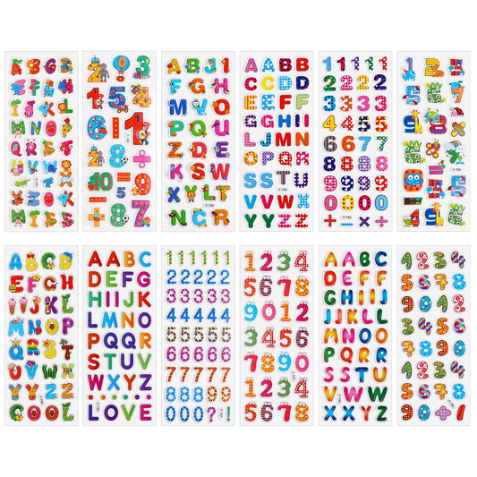 cobee 3D Number Letter Stickers for Kids, 12 Sheets Colorful Alphabet Sticker Puffy Kids Stickers Self Adhesive Number Sticker DIY Decoration Decal for Girl Boy Craft Scrapbooking