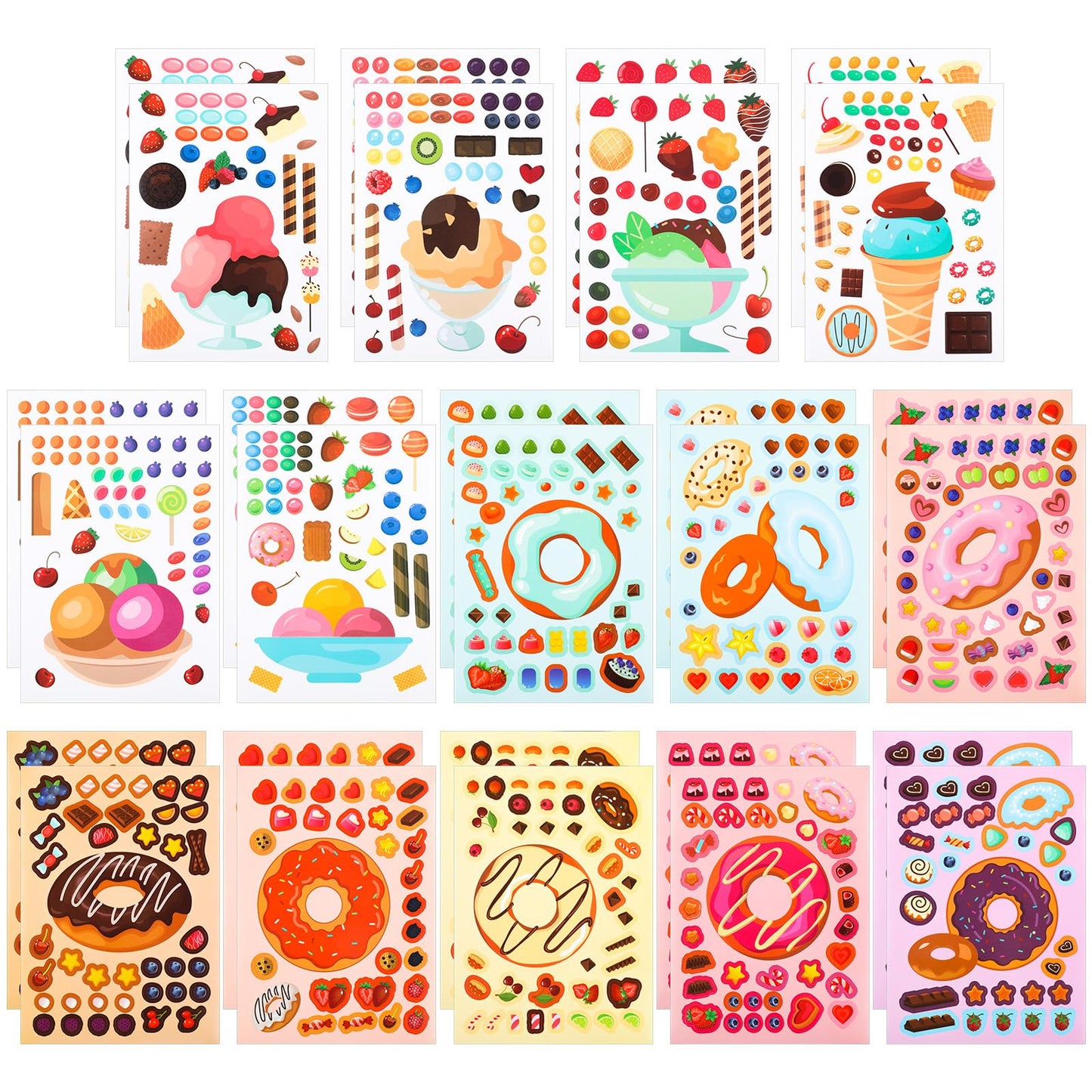Amaxiu 28 Sheets Donut and Ice Cream Stickers, Make Your Own Donut Ice Cream Stickers Mix and Match DIY Treats Stickers Sweets Stickers Dessert Stickers for Kids Festival Rewards Party Favor Gifts