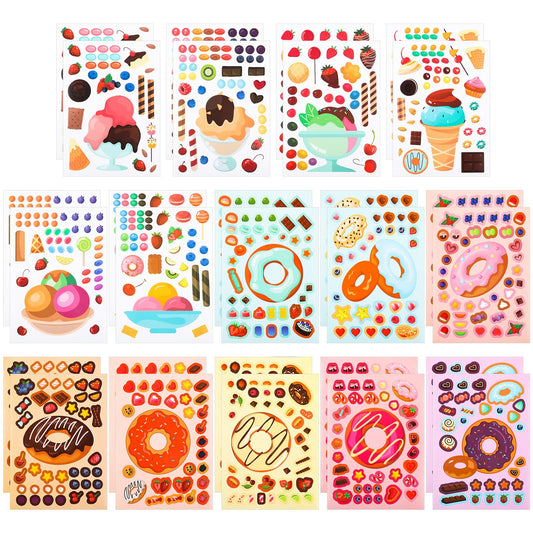 Amaxiu 28 Sheets Donut and Ice Cream Stickers, Make Your Own Donut Ice Cream Stickers Mix and Match DIY Treats Stickers Sweets Stickers Dessert Stickers for Kids Festival Rewards Party Favor Gifts