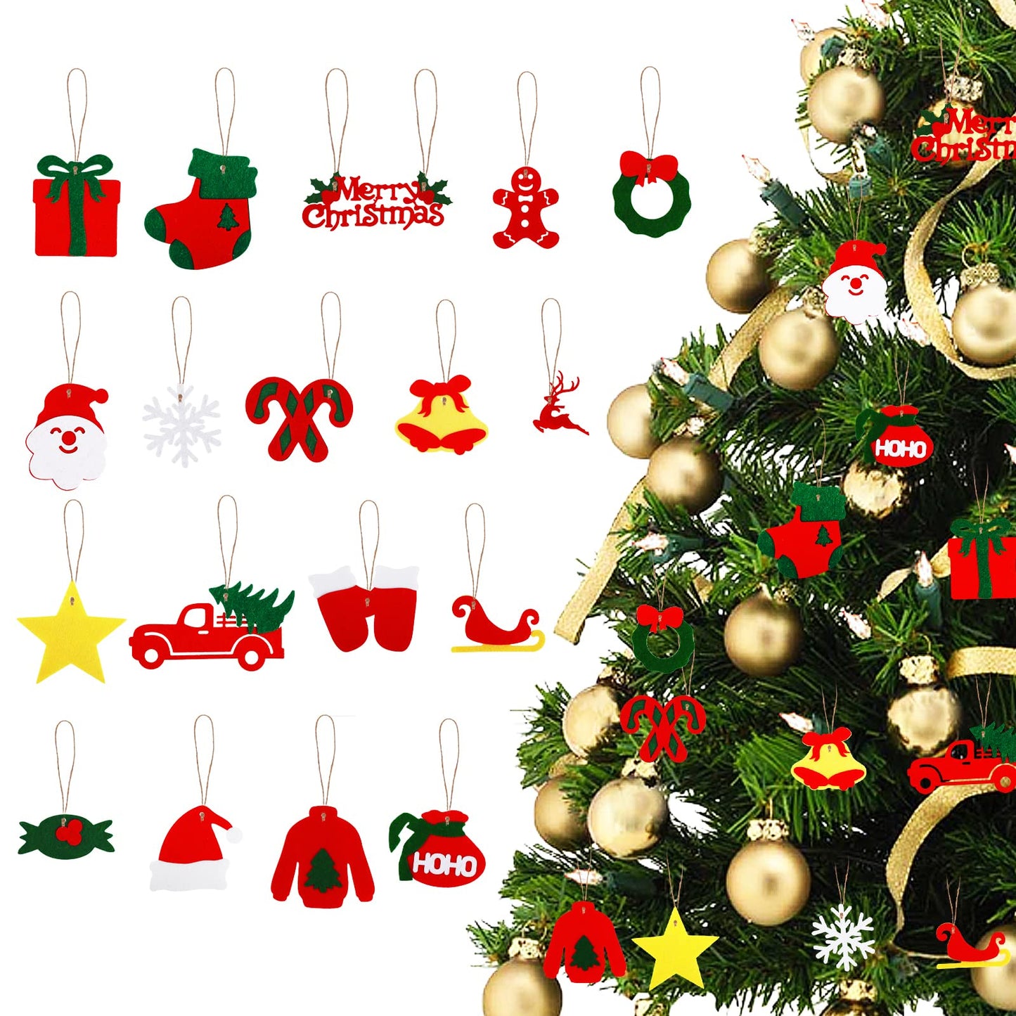 cobee Christmas Tree Ornaments, 36 Pcs Red & Green Xmas Tree Ornaments, Christmas DIY Felt Decorations Set with 2 Rolls 10 Meters Ropes Hanging Santa Christmas Baubles for Xmas Christmas Tree Decor