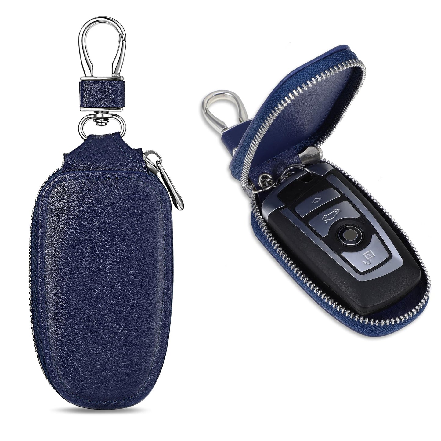 Andibro Universal Car Key Fob Case, PU Leather Car Key Fob Holder Key Organizer with Metal Hook Remote Key Fob Cover with Keychain(blue)