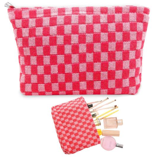 Bewudy Large Makeup Bag for Women Portable Checkered Cosmetic Bags Travel Makeup Bag Large Women Aesthetic Organizer Storage Pouch (Pink)