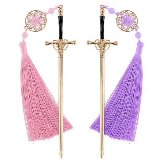 Jeffdad 2Pcs Sword Katana Bookmark Vintage Tassel Metal Pendant Bookmarks Unique Book Lovers Presents Birthday Presents Teacher Gifts Thanks Gift for Boyfriend(Gold Purple + Gold Powder)