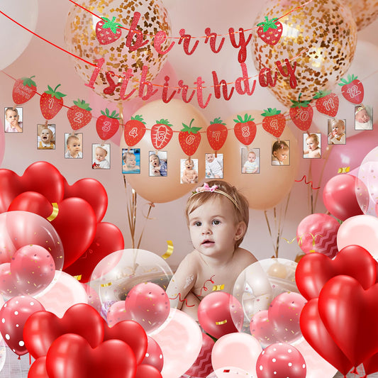 Andibro Strawberry First Birthday Party Decor, Berry 1st Birthday Party Supplies,Sweet Berry Monthly Photo Banner Milestone Photograph Bunting Garland Strawberry Hanging Decoration Fruit Themed Shower