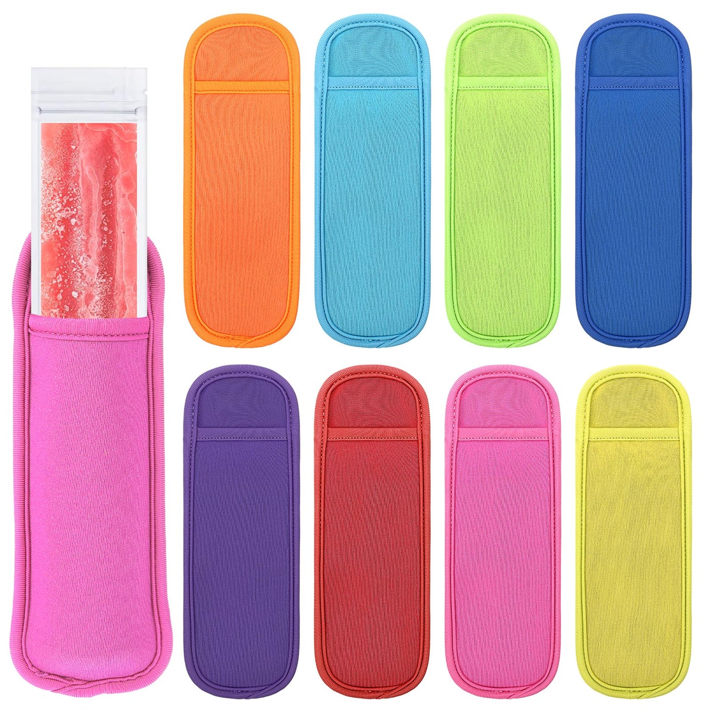XLIUAX 8pcs Ice Pop Sleeves, Reusable Ice Sleeves Holders Freezer Pop Bags No Drips Neoprene Freezing Insulator Covers Washable Icing Bags Stick for Stick Yogurt Tubes Ice Cream, 8 Colors