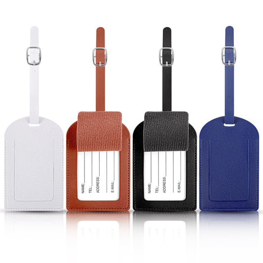 Andibro 4 Pack Leather Luggage Tag, PU Luggage Bag Tag Holders Include Name Cards with Privacy Covers Travel Suitcase Adjustable Strap for Colored Luggage Tags for Luggage Travel Bags Suitcases(B)