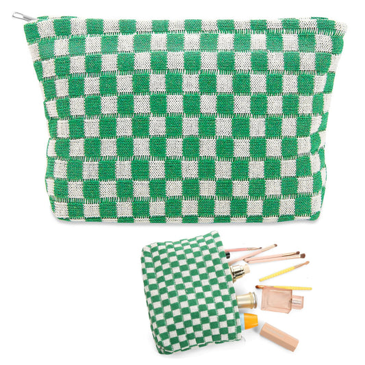Bewudy Large Makeup Bag for Women Portable Checkered Cosmetic Bags Travel Makeup Bag Large Women Aesthetic Organizer Storage Pouch (Green)