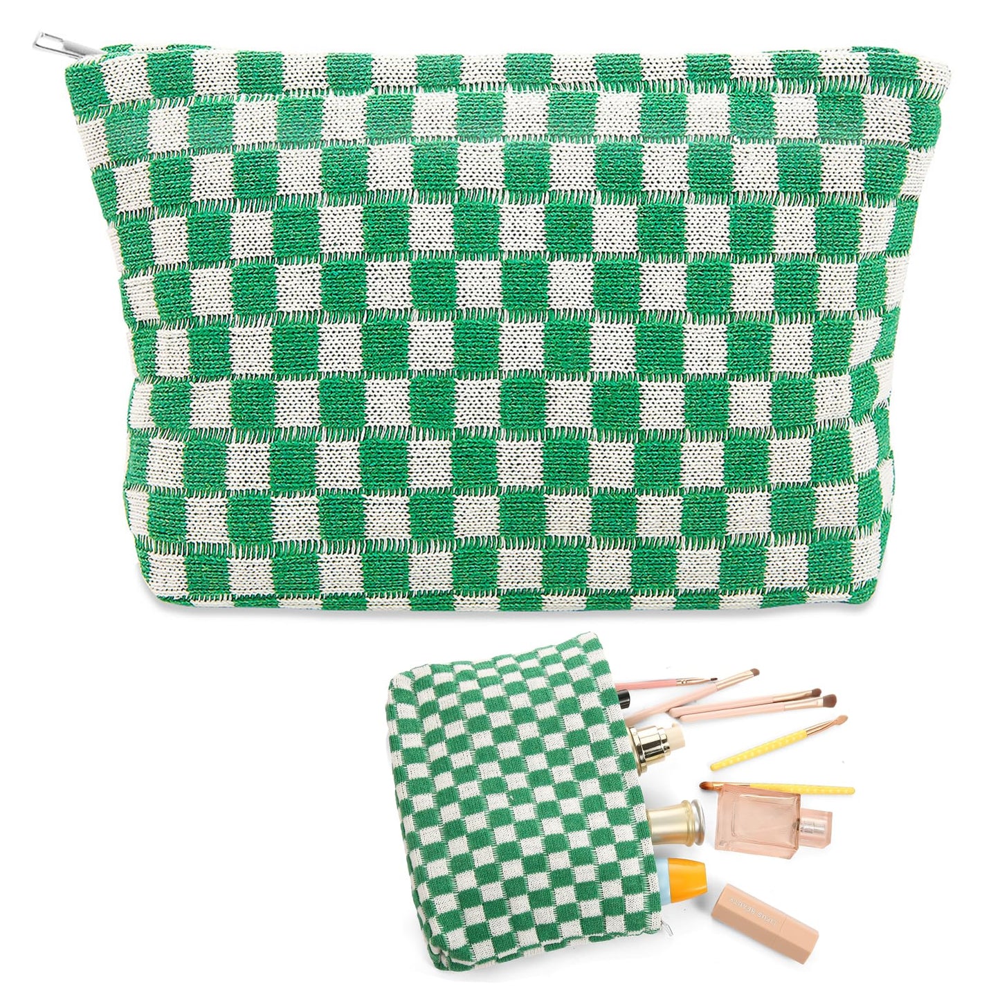 Bewudy Large Makeup Bag for Women Portable Checkered Cosmetic Bags Travel Makeup Bag Large Women Aesthetic Organizer Storage Pouch (Green)