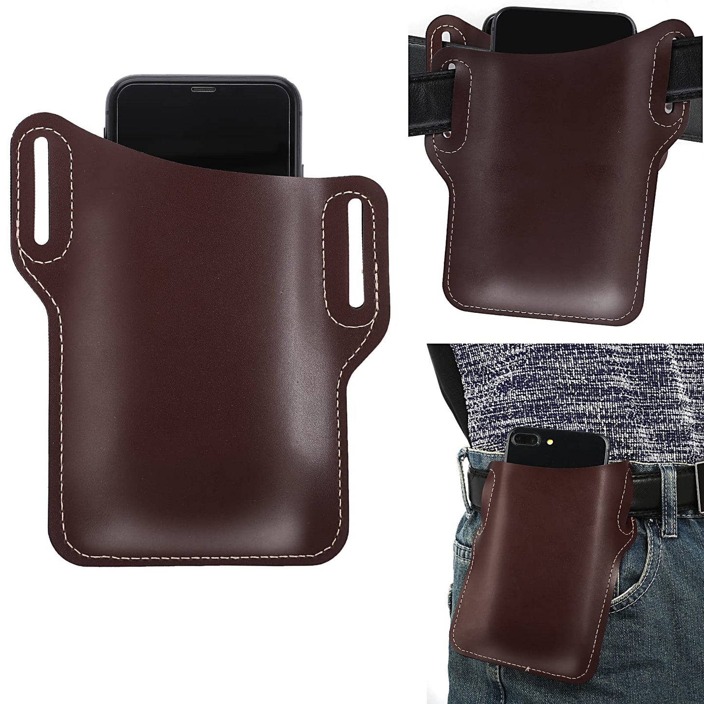 Cobee Leather Phone Holster with Belt Loop, Cell Phone Leather Holster for Men Phone Pouch Belt Loop Universal Cell Phone Case Waist Bag Sheath Purse Belt Loop Pouch Bag, 6.8" x 5.8"(Brown)