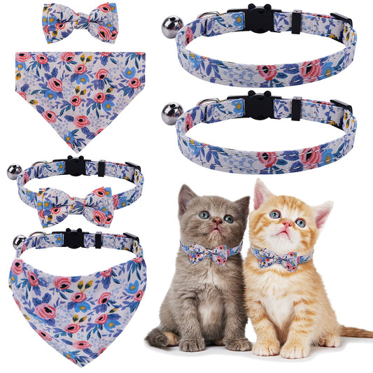 Molain 2 Pcs/Sets Cat Collars with Bells Removable Bow Tie Bandana 2 Pet Collars+1 Dog Bandana+1 Bow Kitten Collar Cat Bandana Dog Bowtie Adjustable Collar for Cats Dogs Puppy Pets Cat Accessories