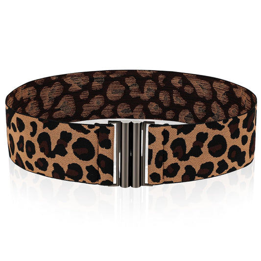 Amabro Women Stretch Waist Belts, Skinny Elastic Wide Waistband Leopard Print Retro Dress Tuck Belt, Unique Buckle (Black)