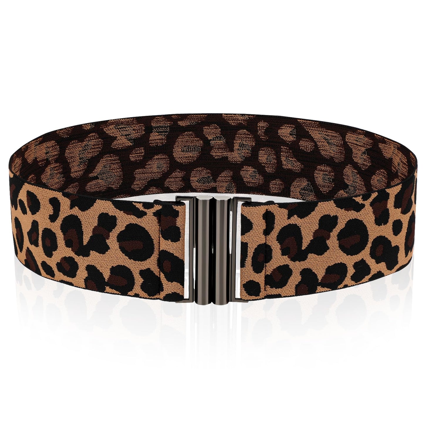 Amabro Women Stretch Waist Belts, Skinny Elastic Wide Waistband Leopard Print Retro Dress Tuck Belt, Unique Buckle (Black)