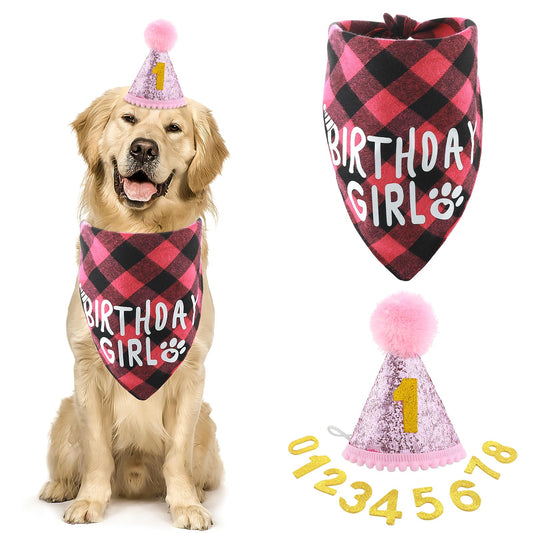 Amaxiu Dog Birthday Party Set, Girl Dog Birthday Bandana Hat with 8 Bling Number Pet Happy Birthday Supplies Glitter Hat Plaid Bandana for Small Medium Large Dogs (Pink)