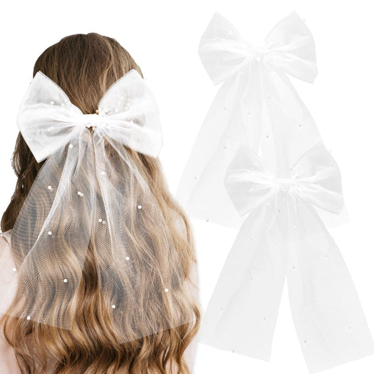 Amaxiu Bridal Pearl Hair Bow Veil, 2 Pcs Bridal White Tulle Wedding Veil Hair Clip Pins Hair Pieces Headband for Bachelorette Pre-wedding Party Favors Bridesmaid Favors Bridal Shower Gift Bridal To Be