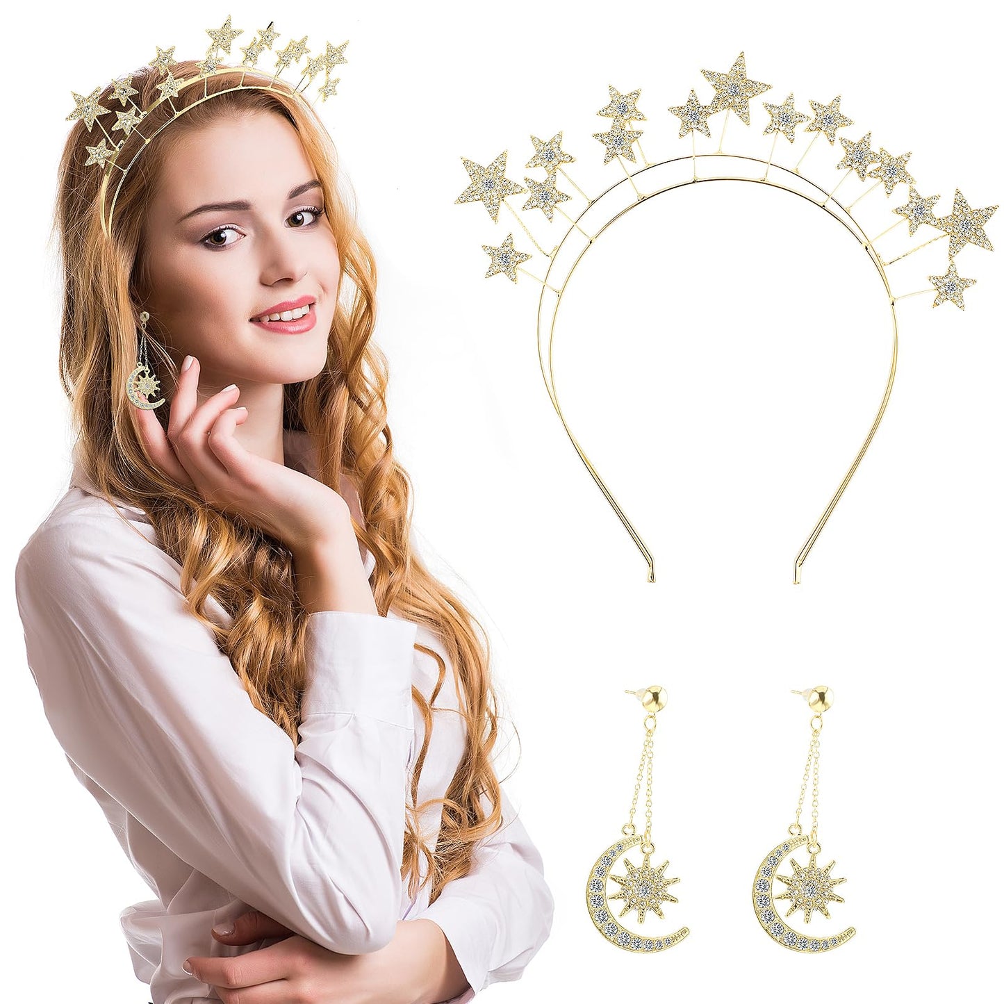 Amabro Stars Halo Crown, Rhinestone Goddess Hair Band Tiara with Earrings Bling Headpiece Glitter Headdress Diamond Headband Wedding Bridal Party Hair Accessories for Women Girls(Gold)