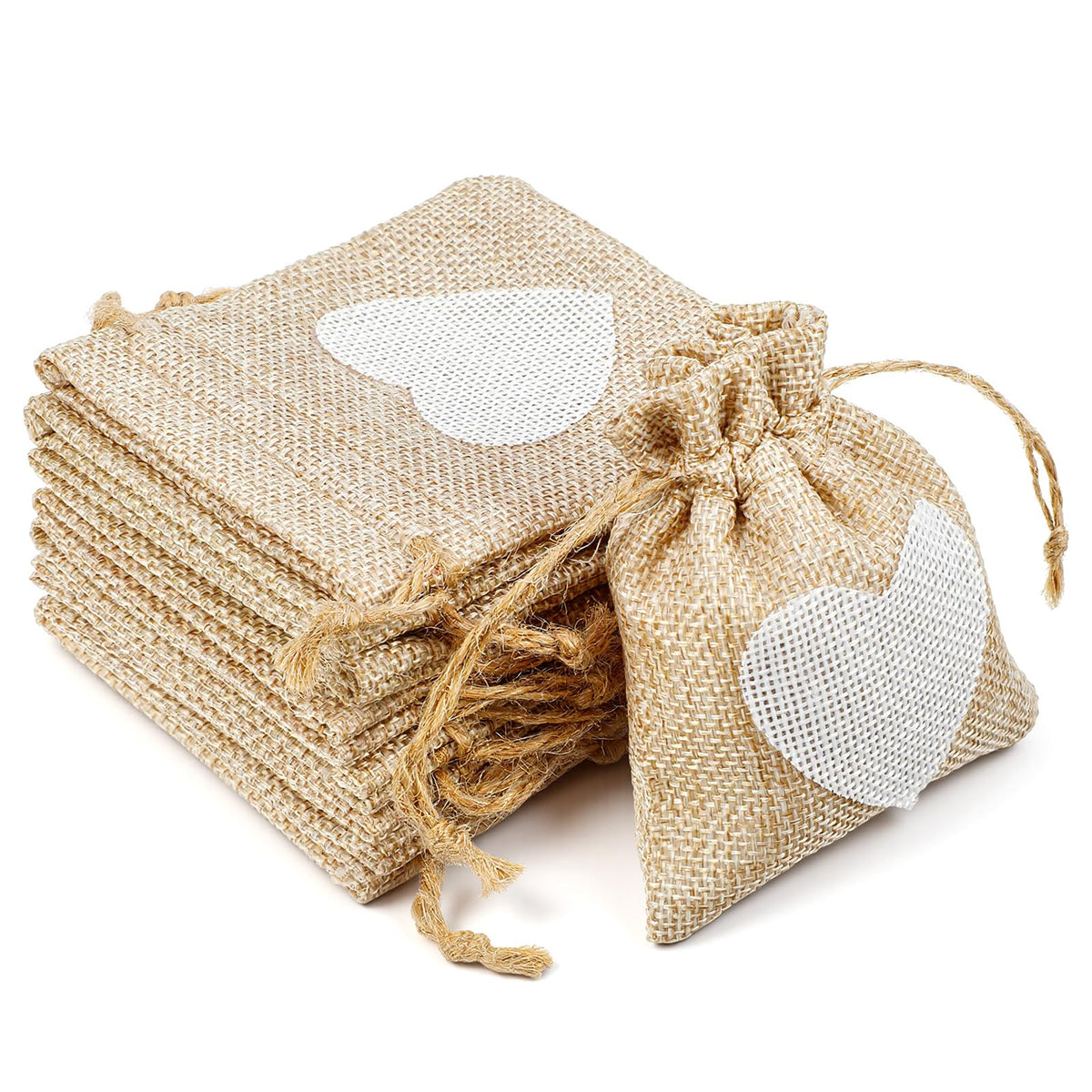 DOPENSPI Pack of 14 Jute Bags, Small Bags for Filling, 8 x 10 cm, Fabric Bag, Jute Bag with Drawstring, Gift Bag with Heart, Linen Bag, Fabric Bags for Wedding, Christmas, Party (Beige)