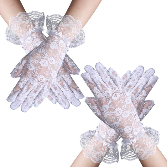 AOZUO 2 Pairs Lace Gloves, Wedding Gloves Tea Party Mesh Sheer Lace Gloves Opera Halloween Cosplay Gloves for Women(White)