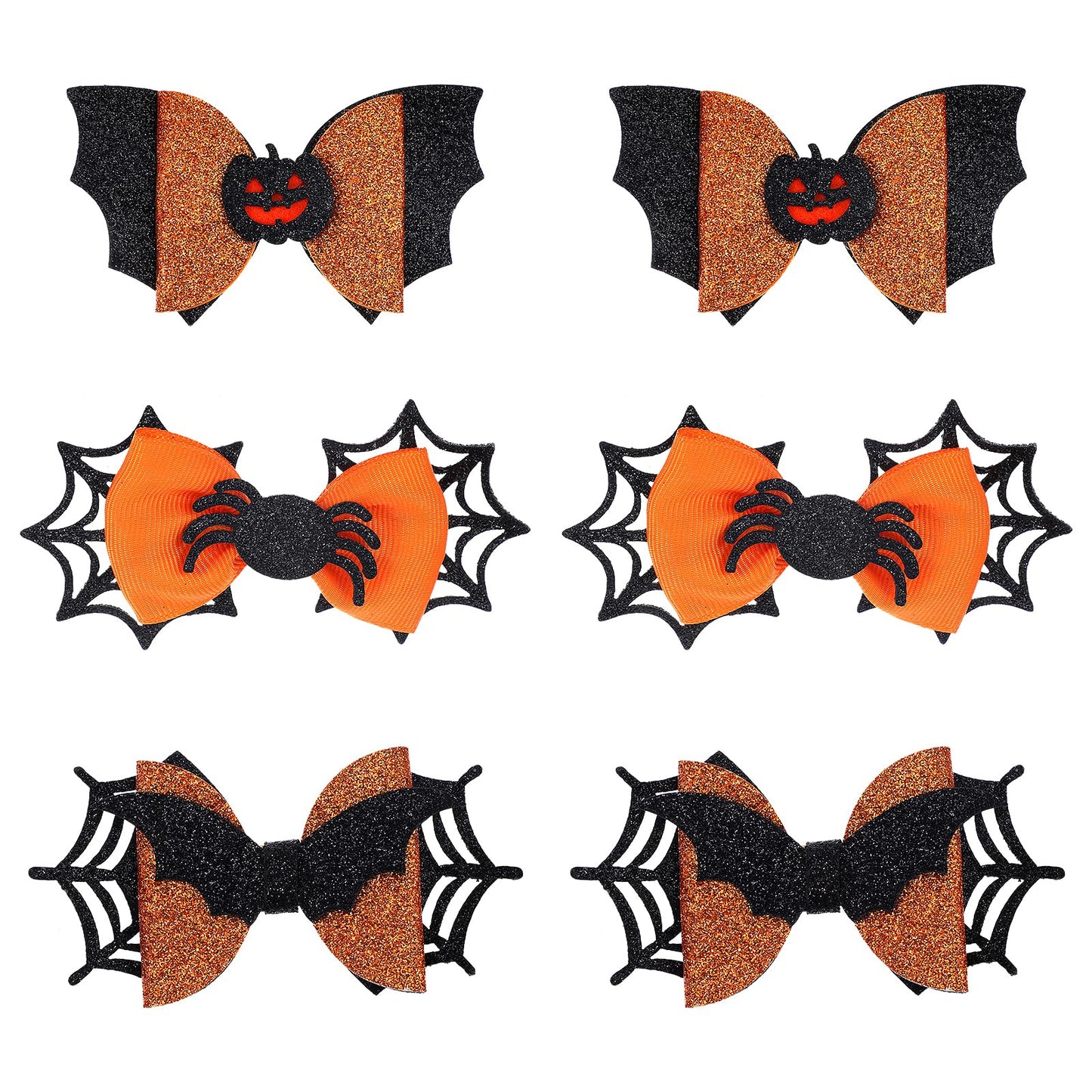 Andibro 6 Pcs Halloween Hair Bow Clips, Glitter Halloween Hairpins, Pumpkin Spider Bat Hair Accessories Halloween Bows Knot Hair Barrette Headdress Terror Hair Pins for Cosplay Costume Party Supplies