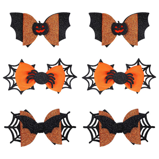 Andibro 6 Pcs Halloween Hair Bow Clips, Glitter Halloween Hairpins, Pumpkin Spider Bat Hair Accessories Halloween Bows Knot Hair Barrette Headdress Terror Hair Pins for Cosplay Costume Party Supplies