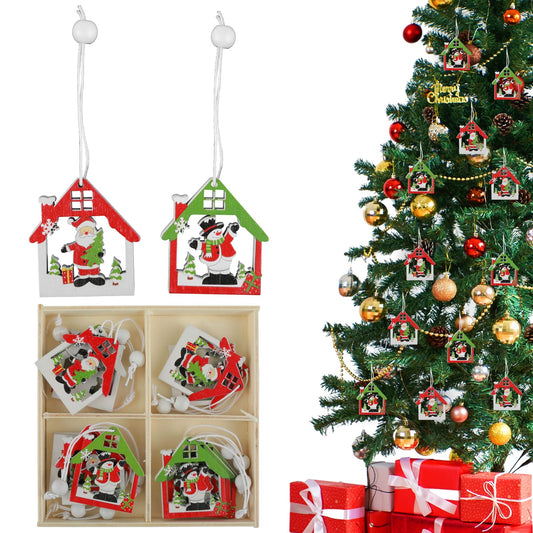 Amaxiu Christmas Wooden Hanging Ornaments,12 Pcs Mini Xmas Tree Decoration 3D Wood Craved Craft for Party Home Kitchen Holiday Farmhouse Rustic Personalized DIY Gift Tags (House)