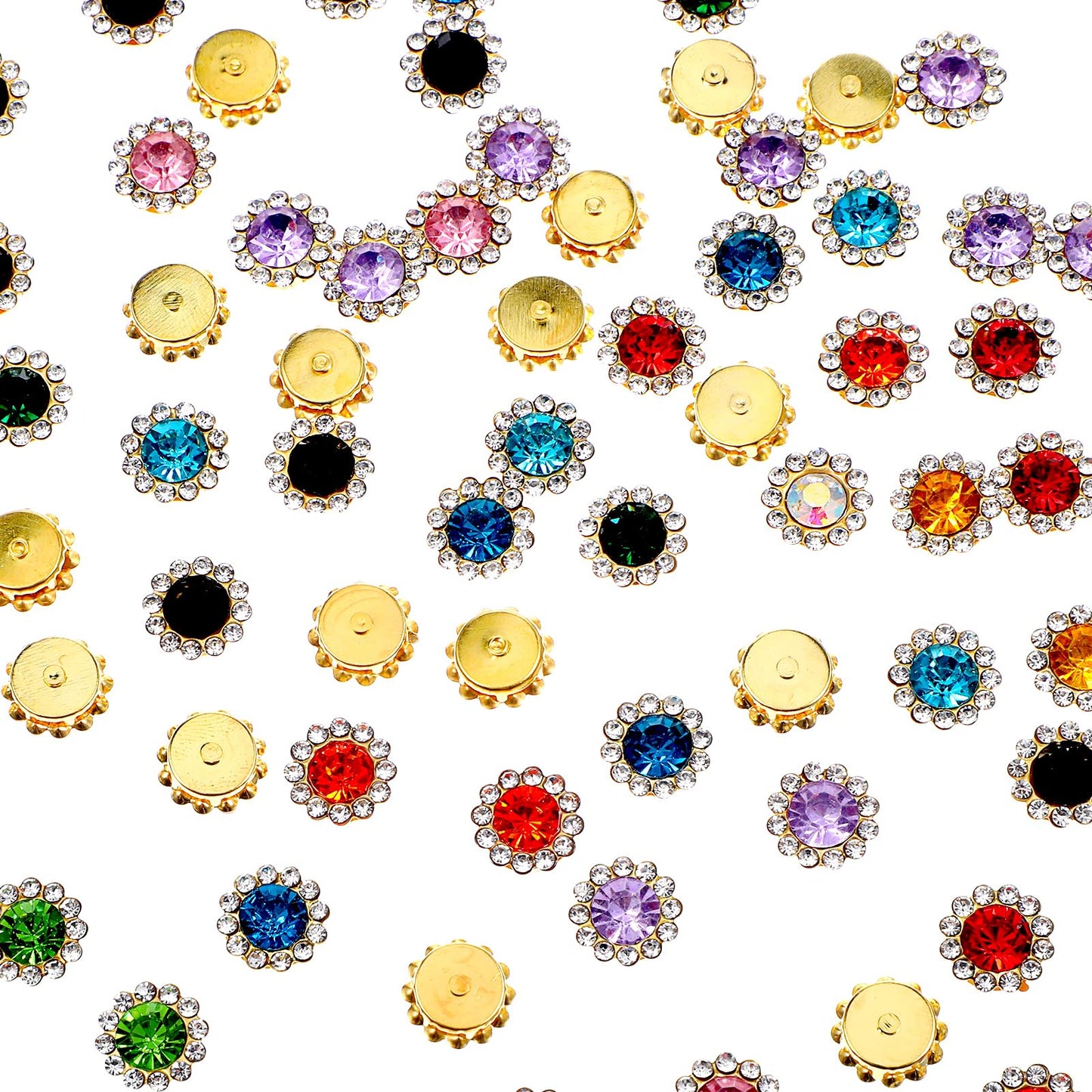 Yuanchu 100pcs Rhinestone Flowers Sewing Buttons 12mm Color Rhinestone for Sewing, Glitter Rhinestone Buttons with Metal Base, Sewing, Claws for Clothing, Shoes, Earrings, Belt, Crafts,