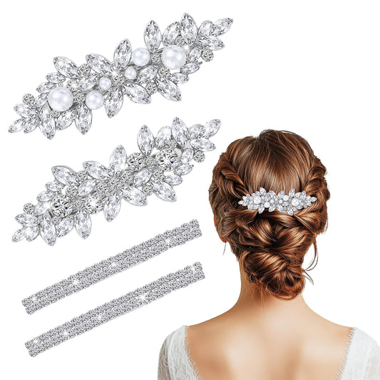 JIEYAO 4 Pcs Rhinestone Hair Barrettes for Women, Silver Bridal Hair Clips Flower Hair Barrettes Crystal Pearl French Hairpins Hair Clip Barrettes for Women Wedding Accessories