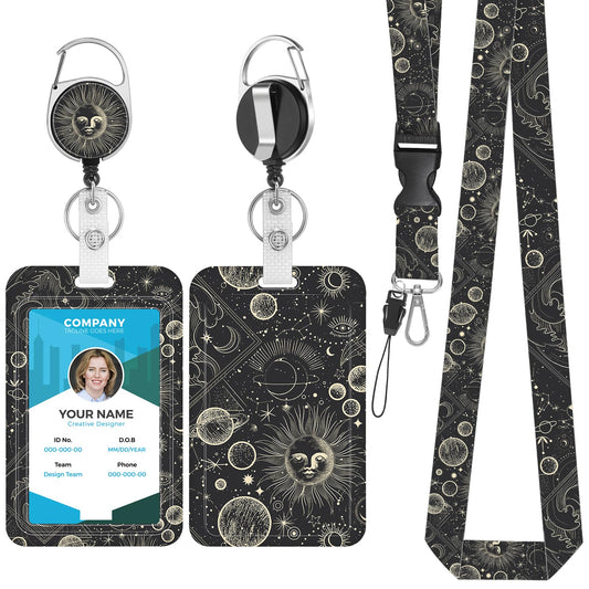 Bewudy Sun Moon ID Badge Holder with Lanyard, Retractable Lanyards for ID Badge Reels and Detachable, Badge Holder with Breakaway Lanyard for Office Nurse Teacher Christmas Gifts