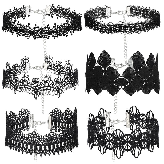 Andibro 6Pcs Black Choker Necklace, Tattoo Choker Necklace Black Choker Set 2000s Goth Lace Choker Set Old School Punk Necklace for Masquerade Halloween Parties