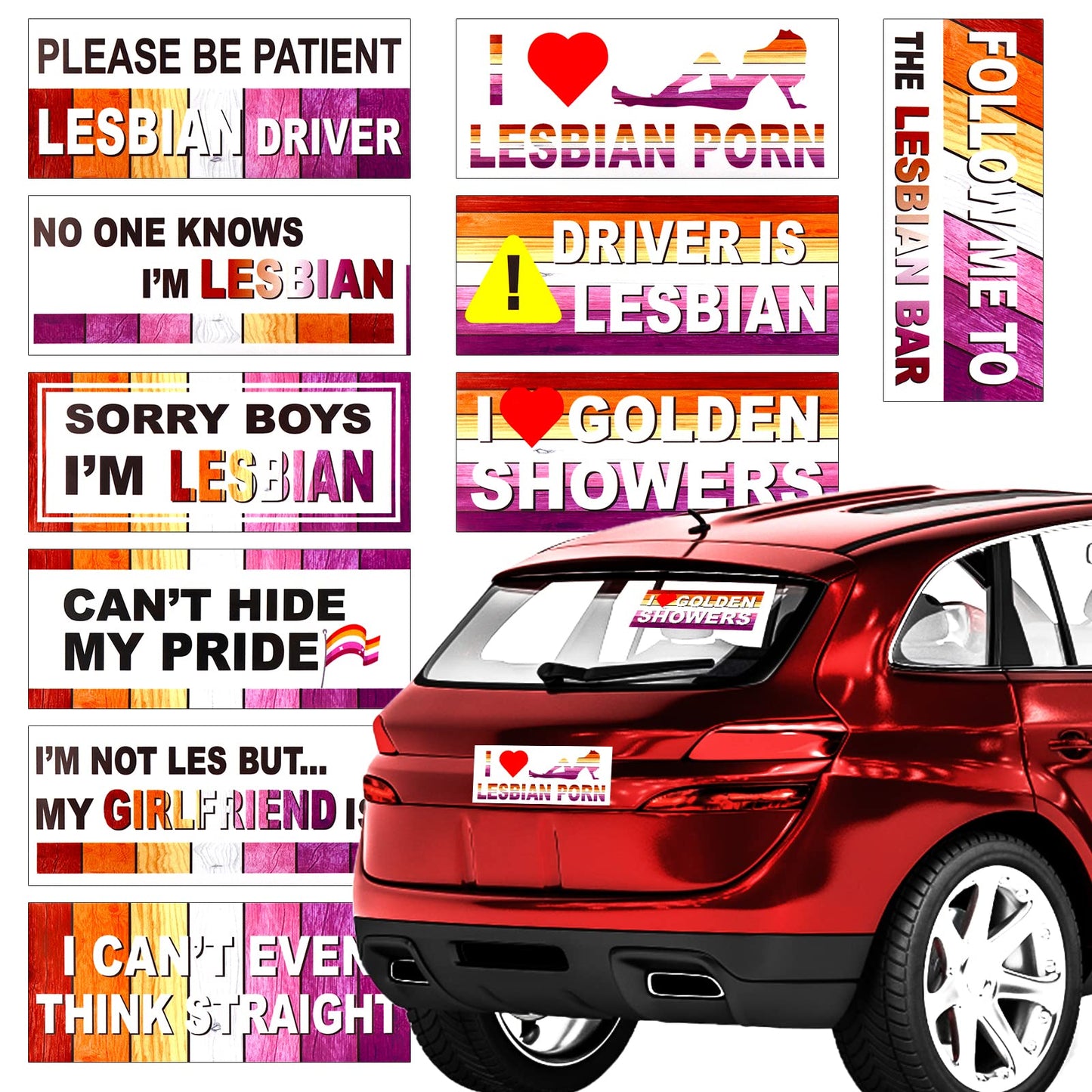 TIESOME Funny Prank Car Sticker Decals, 10 Pieces Funny Gay Prank Bumper Decals Rainbow Joke Bumper Stickers Colorful Car Accessories for Adult Present Truck Window Motorcycle Luggage (A)