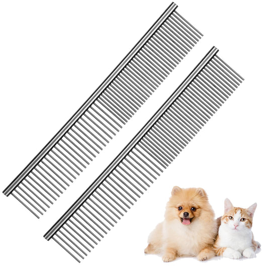 HJZHII 2PCS Pet Steel Combs, Rounded Ends Pet Grooming Comb Silver Pet Steel Grooming Tool Remove Matted Fur Dog Cat Comb Tool Pet Dematting Comb for Long and Short Haired Dogs Cats