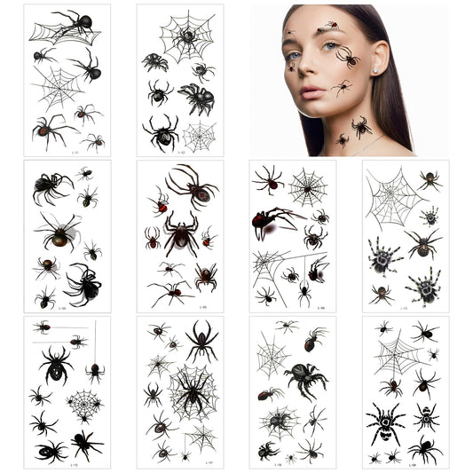 Amabro Halloween Temporary Tattoo, 10 Sheets Spider Web Tattoos Face Makeup Stickers Kit Waterproof Body Spider Stickers Halloween Cosplay Decorations for Women Men Masquerade Horror Party Costume