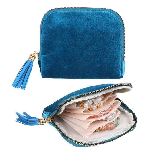 JJUNW Travel Jewelry Case, Pouch Bags with Zipper, Blue Velvet Portable Jewelry-Storage Bag Velvet Jewelry Organizer Storage Bag for Bracelet Rings Earring