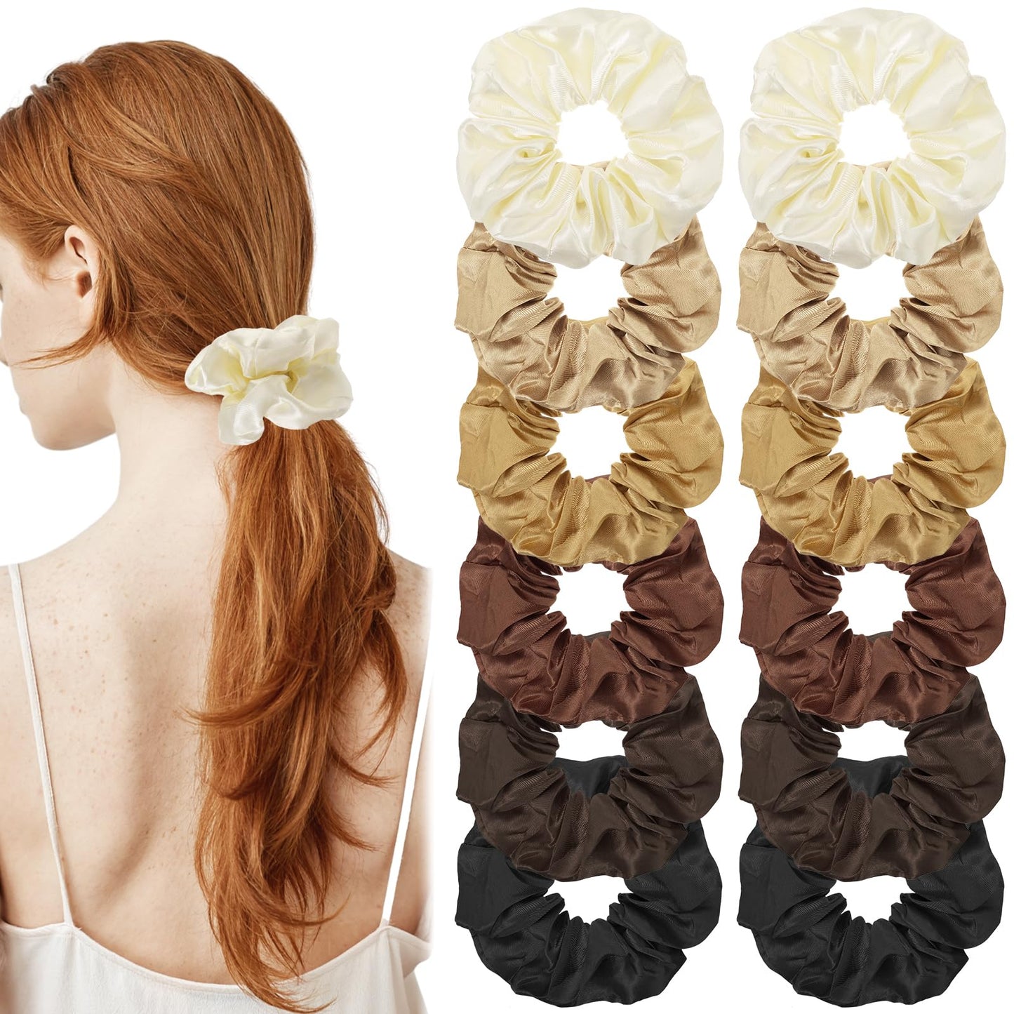 cobee Soft Satin Hair Scrunchies, 12pcs Stylish Hair Scrunchies for Curly and Thick Hair Ponytail Holder Hair Elastics Scrunchy Hair Ties Hair Bands Hair Accessories for Women Girls(Caramel Color)