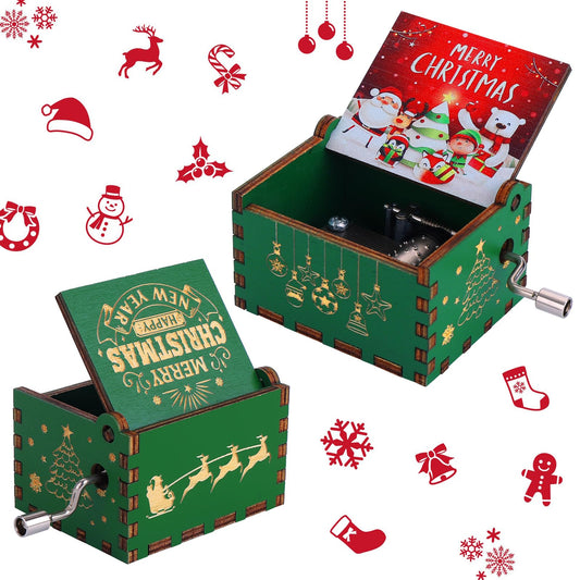 Amaxiu Christmas Music Box - Merry Christmas, Wooden Hand Crank Engraved Musical Box Vintage Mini Music Box for Men Women Xmas Stocking Gift Decorations New Year Winter Birthday Party Supplies