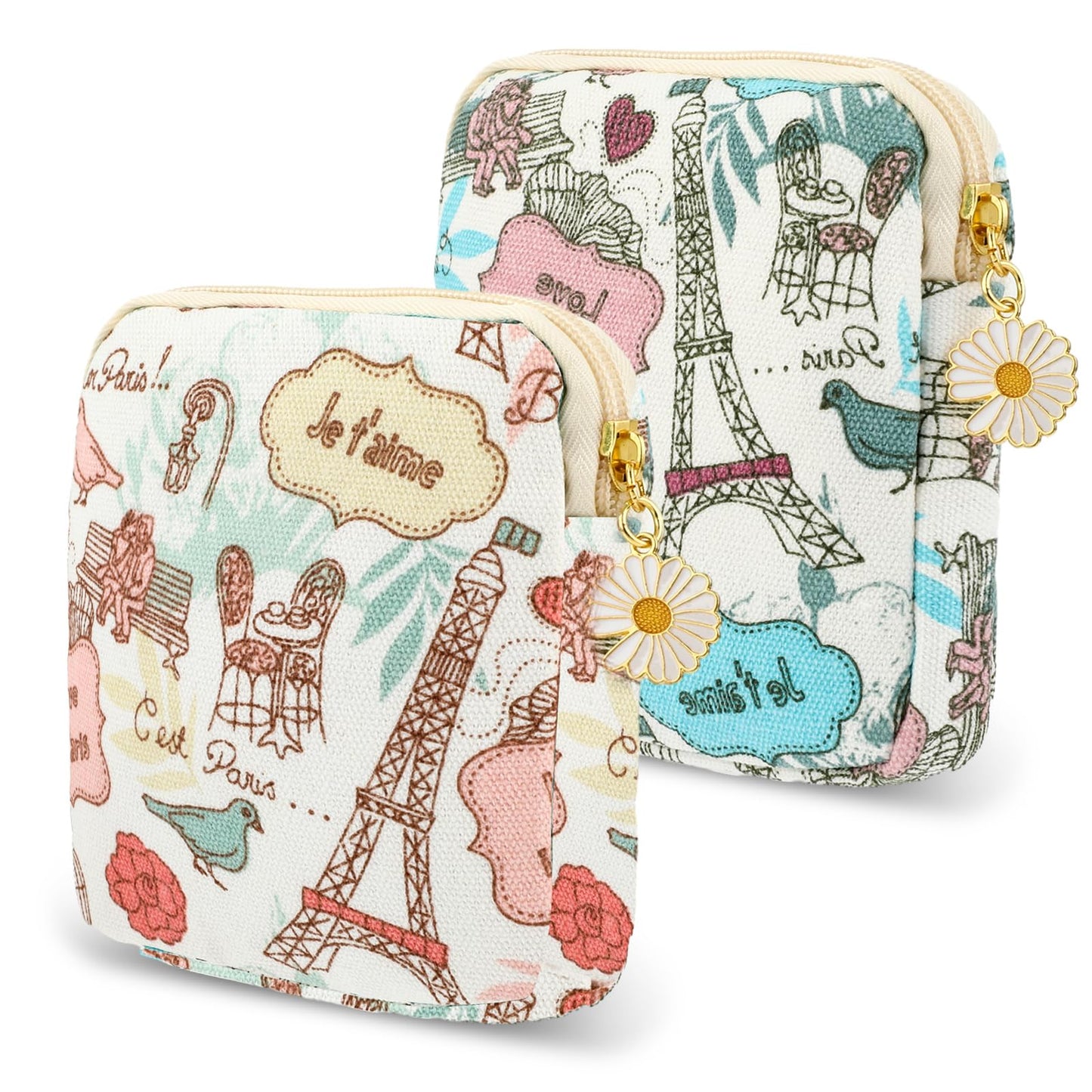 Amabro Sanitary Napkin Storage Bag, 2PCS Period Bags Cute Sanitary Pad Storage Pouch Tampon Pantyliners Menstrual Purse Daisy Zipper for Women Teen Girls School Travel Feminine Product(Tower)