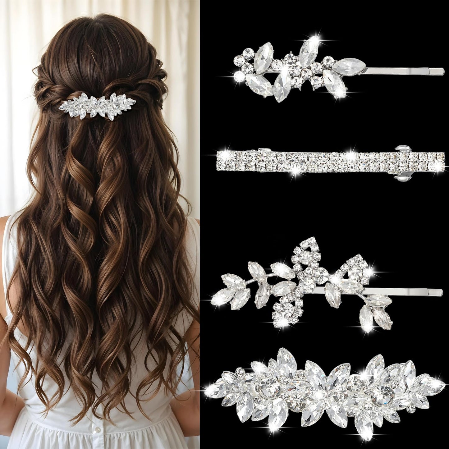 DOPENSPI 4 Pcs Rhinestone Bridal Hair Clips, Leaf Wedding Hairpin Crystal Bobby Pins Wedding Hair Pin Bride Barrette Accessories for Brides Bridesmaids Women