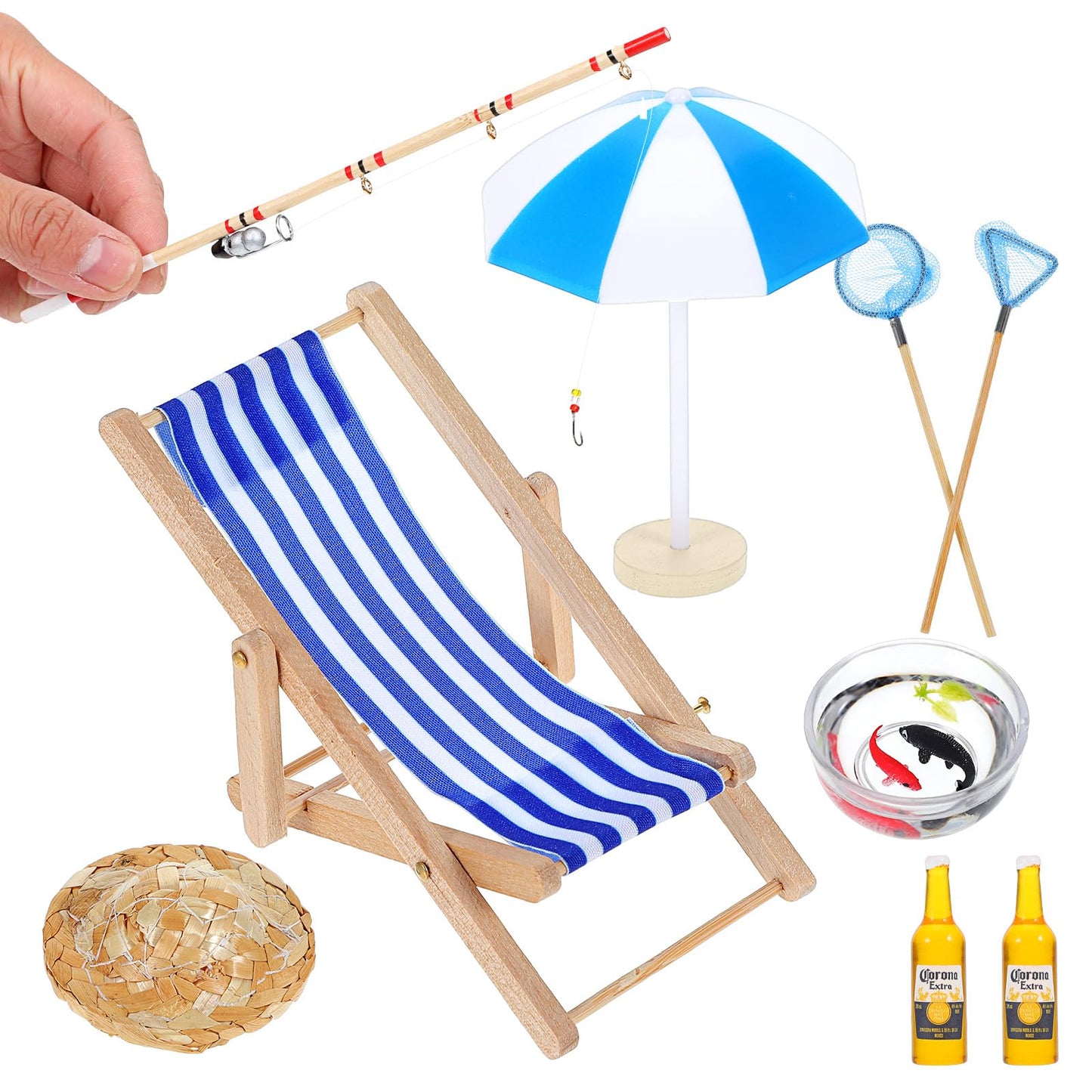 Yuanchu Mini Decorative Beach Decorations, 9 Pieces Fishing Decoration Miniature Accessories Beach Micro Landscape Zen Garden Set Landscaping Dollhouse Gift Parasol Toy Sea DIY Accessories